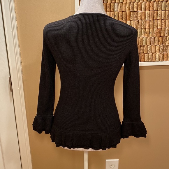 Esther Chen Black Ribbed Top.  Silk, Nylon and Spandex.  Ruffled detail - Picture 7 of 16